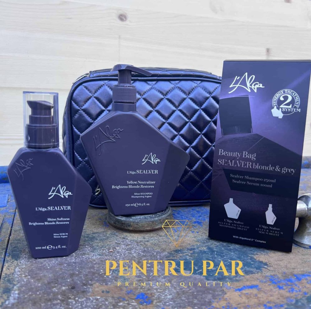 L'ALGA SEALVER Set cadou 3 produse par blond- Sampon+Ser pentru par blond+Beauty Bag