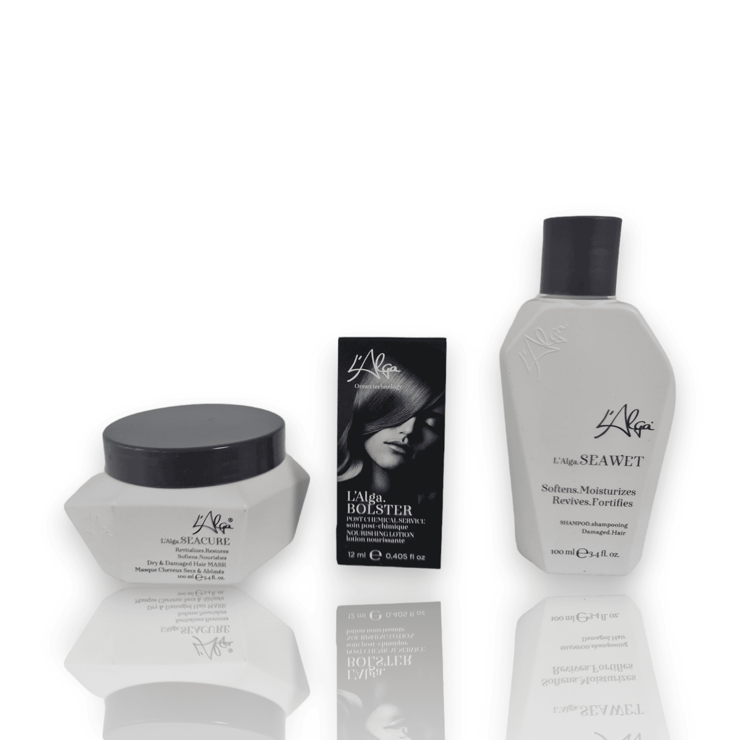 lalga-bolster-seawet-sampon-seacure-masca-PENTRUPAR.RO L'Alga este un brand premium de îngrijire a părului care valorifică "Tehnologia Oceanului", utilizând extracte pure de alge și biotehnologie avansată pentru a crea produse care purifică, hrănesc, vindecă și transformă atât părul, cât și scalpul. Filosofia lor se bazează pe înlocuirea substanțelor chimice dure cu ingrediente naturale și eficiente.