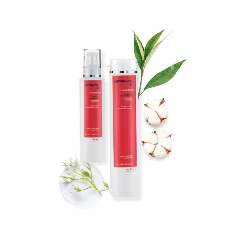 set volum par Set volum păr Medavita Hairchitecture 250/200 ml cu șampon și tratament profesional pentru păr fin. Oferă volum de la rădăcină, strălucire, hidratare