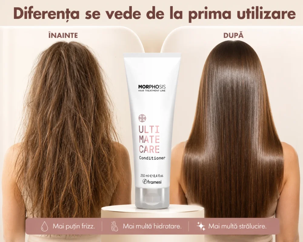 Balsam Framesi Ultimate Care pentru păr uscat, cu efect vizibil de hidratare, netezire și strălucire după utilizare