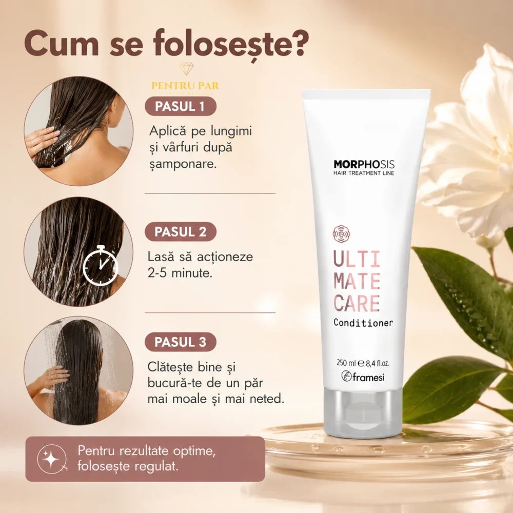 Instrucțiuni de aplicare pentru balsamul Ultimate Care Framesi pe lungimi și vârfuri, după șamponare