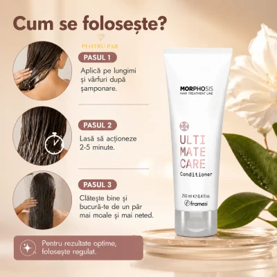 Instrucțiuni de aplicare pentru balsamul Ultimate Care Framesi pe lungimi și vârfuri, după șamponare