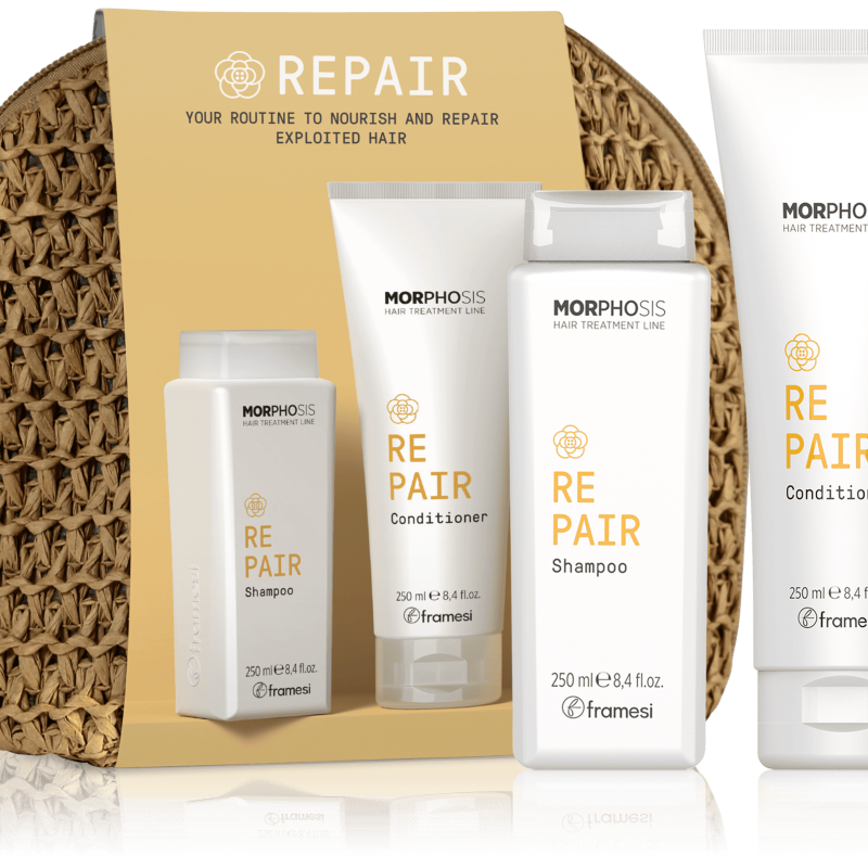 Păr deteriorat REPAIR Set rafia 250/250 ml : Redă puterea părului tău deteriorat! Obține un păr sănătos și strălucitor cu Framesi Morphosis REPAIR, un set complet de îngrijire a părului deteriorat. Bogat în ulei de camelie, microkeratină vegetală hidrolizată și ceramide vegetale, acest set repară în profunzime, revitalizează și redă moliciunea și strălucirea părului.