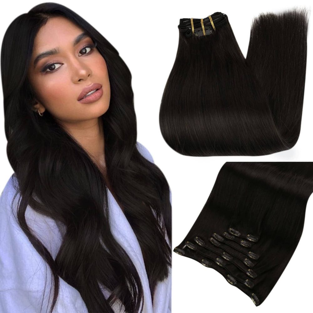 Extensii de păr clip-on negru 60 cm