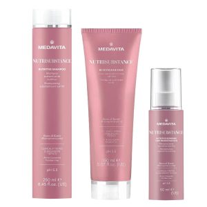 Nutrisubstance Set par uscat 250-150-50-ml -Set Sampon, Mască și Microemulsie pentru Hidratare  Acest set de hidratare de la Medavita Nutrisubstance este conceput pentru a oferi o hidratare intensă părului uscat și deteriorat. Setul conține un șampon, o mască și o microemulsie, toate formulate cu ingrediente hrănitoare care ajută la restabilirea strălucirii, catifelării și volumului părului.