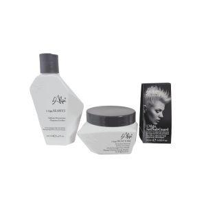 Fiola Selfsafeguard, Sampon Seawet și Mască Seacure din setul L'Alga, concepute pentru păr foarte uscat, decolorat și rupt.