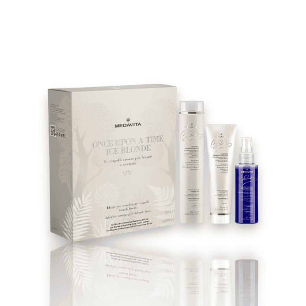 kit-pentru-par-blond-medavita MEDAVITA KIT BLOND RECE: Șampon, Mască și Spray Ice Blonde. Neutralizează galbenul, intensifică tonurile reci și protejează. Blond vibrant și sănătos.