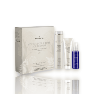 MEDAVITA KIT BLOND RECE: Șampon, Mască și Spray Ice Blonde. Neutralizează galbenul, intensifică tonurile reci și protejează. Blond vibrant și sănătos.