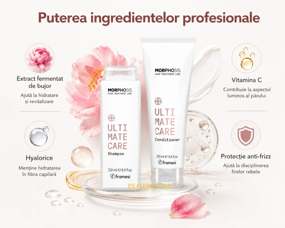 2-morphosis-ultimate-care-ingrediente-hidratare-antifrizz Morphosis Ultimate Care șampon și balsam cu extract fermentat de bujor, Hyalorice și vitamina C pentru hidratare și protecție anti-frizz