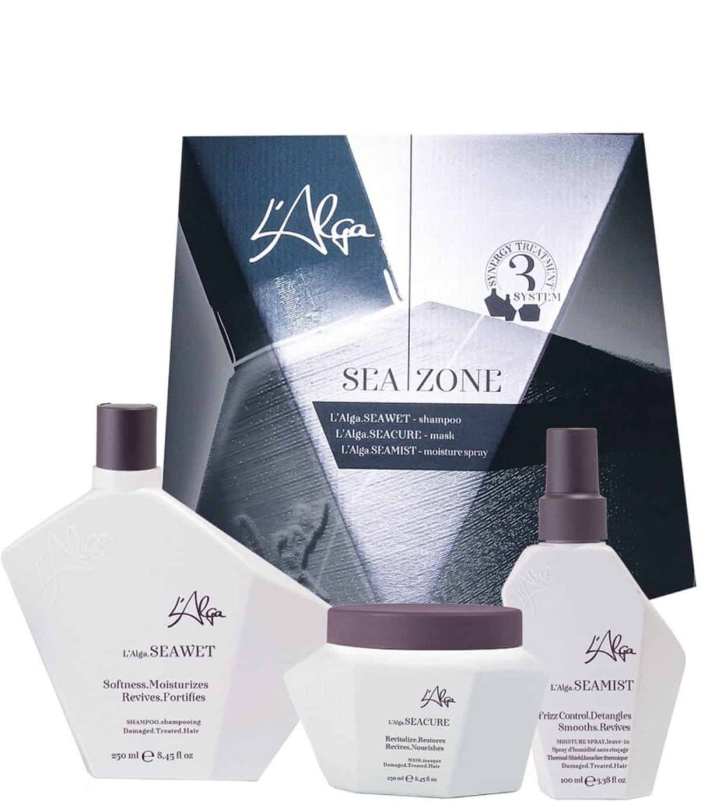 KIT PENTRU REPARARE PAR DETERIORAT SAMPON, MASCA, LEAVE- IN Kit L'Alga reparare par deteriorat: Sampon Seawet, Masca Seacure, Spray Seamist - produse pentru hidratare si protectie