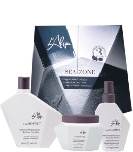 KIT PENTRU REPARARE PAR DETERIORAT SAMPON, MASCA, LEAVE- IN Kit L'Alga reparare par deteriorat: Sampon Seawet, Masca Seacure, Spray Seamist - produse pentru hidratare si protectie