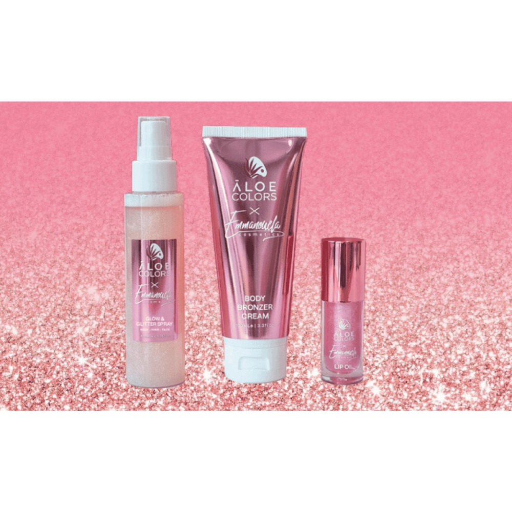 Set Lotiune de corp Aloe+ Colors Ready to Glow, Bronzer Corporal, Spray Stralucire si Ulei Buze, Multicolor, 100ml/100ml/10ml