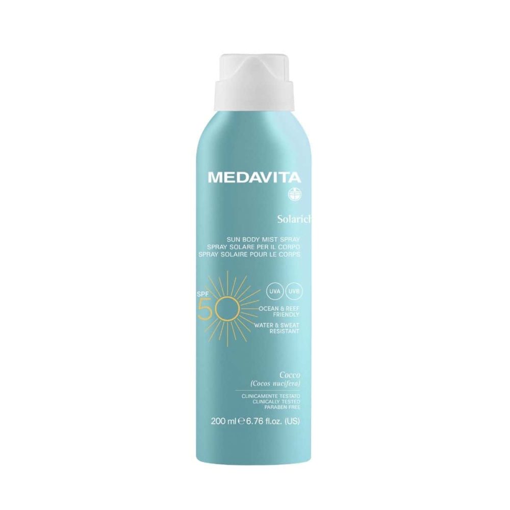 Spray Corp și Scalp SPF50 Medavita Solarich – Protejează eficient pielea și scalpul de razele UVA/UVB cu acest spray lejer, rezistent la apă și parfumat. Absorbție rapidă, fără reziduuri, pentru toate tipurile de piele.