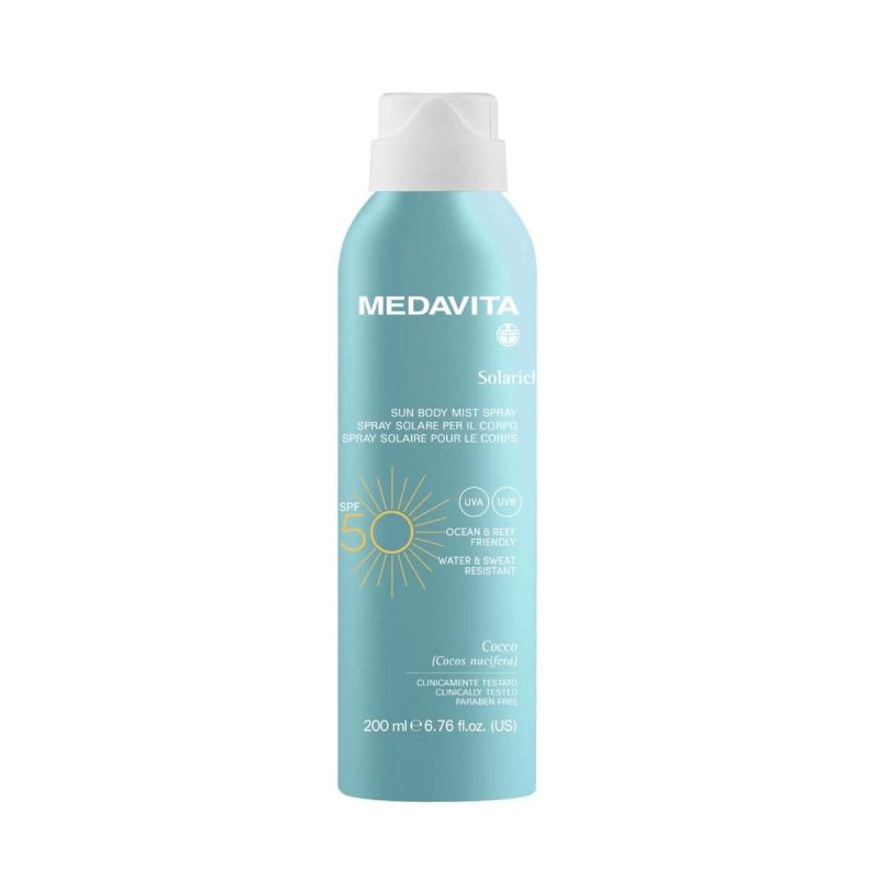 Spray Corp și Scalp SPF50 Medavita Solarich – Protejează eficient pielea și scalpul de razele UVA/UVB cu acest spray lejer, rezistent la apă și parfumat. Absorbție rapidă, fără reziduuri, pentru toate tipurile de piele.
