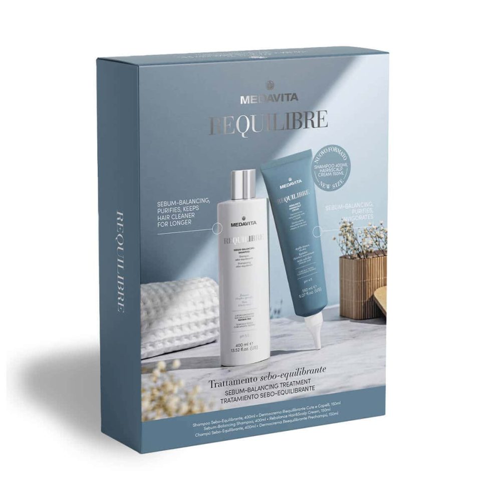 Antisebum Medavita Requilibre: Set pentru Scalp Gras Sampon 400 ml | Dermocrema 150 ml – Soluția completă anti-sebum pentru curățarea profundă și echilibrarea scalpului gras. Obține păr proaspăt, fără exces de sebum, cu ingrediente active precum acid salicilic, caolin și extract de ghimbir.