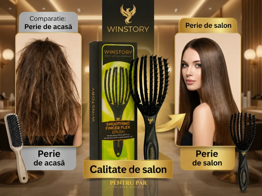 Perie Winstory Smoothing Finger Flex comparată cu o perie obișnuită de acasă, pentru un rezultat neted și aspect de salon