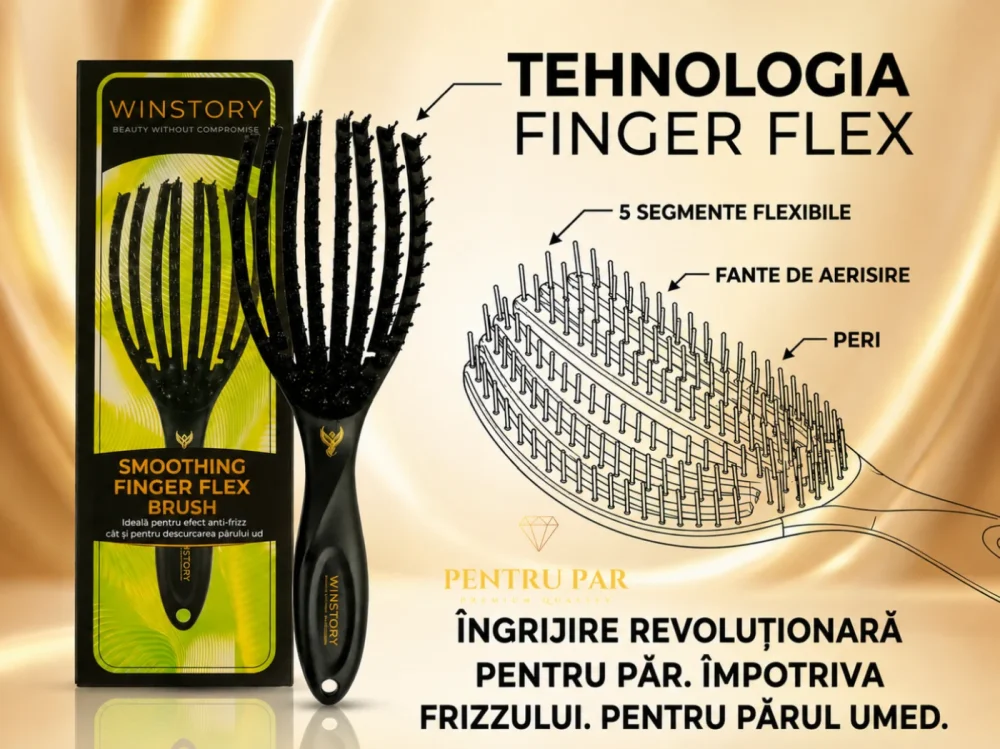 Perie Winstory Smoothing Finger Flex cu tehnologie Finger Flex, segmente flexibile, fante de aerisire și peri pentru descurcare anti-frizz