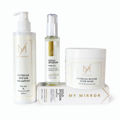 Pachet pentru păr deteriorat, fragil și lipsit de strălucire My Mirror Șampon+Mască+Ulei 250/200/50 ml: repară, hidratează și redă strălucirea părului degradat și vopsit.