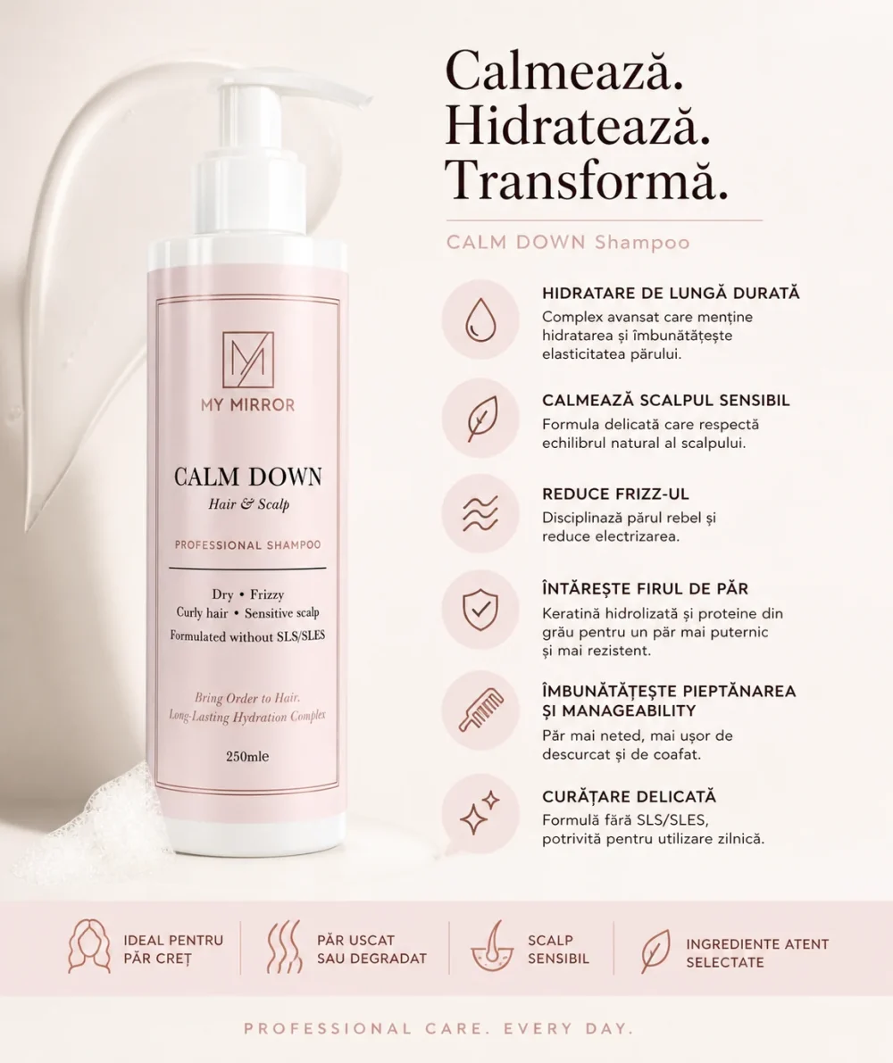 hidratare de lungă durată, calmarea scalpului, reducerea frizz-ului și întărirea firului de păr