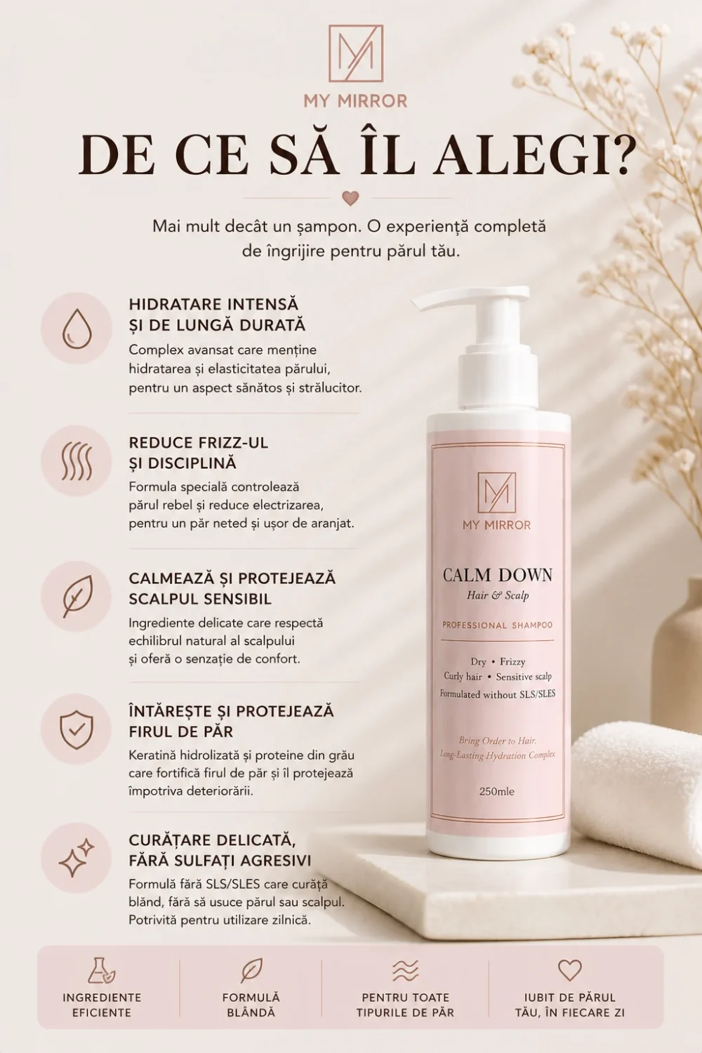 șamponul profesional Calm Down pentru păr și scalp, cu beneficii precum hidratare intensă, reducerea frizz-ului și protecția scalpului sensibil