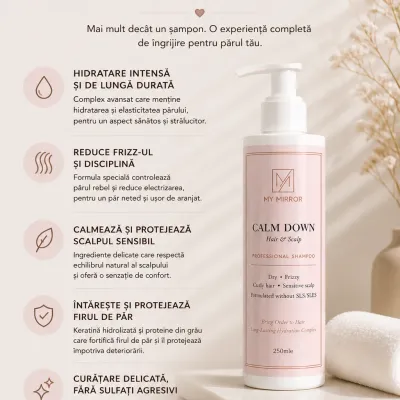 șamponul profesional Calm Down pentru păr și scalp, cu beneficii precum hidratare intensă, reducerea frizz-ului și protecția scalpului sensibil