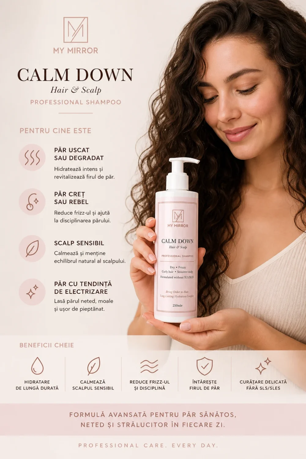 șamponul profesional Calm Down My Mirror, recomandat pentru păr creț, păr uscat sau degradat și scalp sensibil