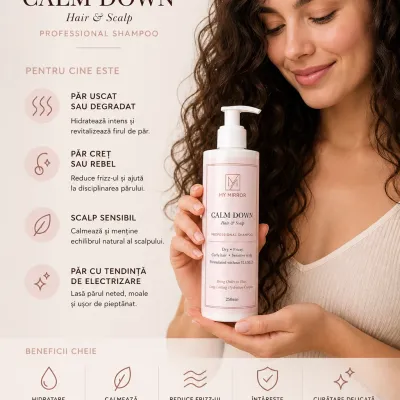 șamponul profesional Calm Down My Mirror, recomandat pentru păr creț, păr uscat sau degradat și scalp sensibil