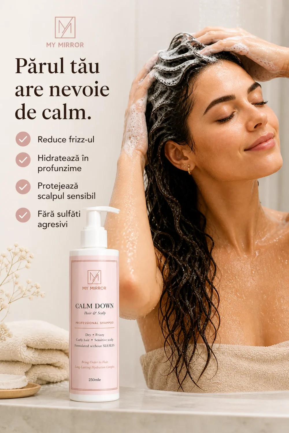 folosind șamponul profesional Calm Down My Mirror, cu accent pe reducerea frizz-ului, hidratare în profunzime și protecția scalpului sensibil