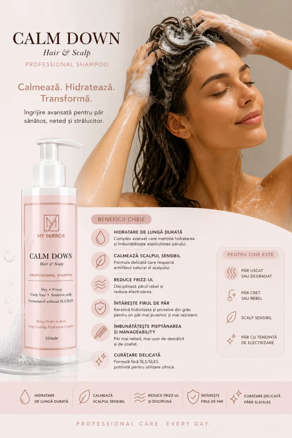 beneficii pentru hidratare de lungă durată, scalp sensibil și păr uscat sau creț