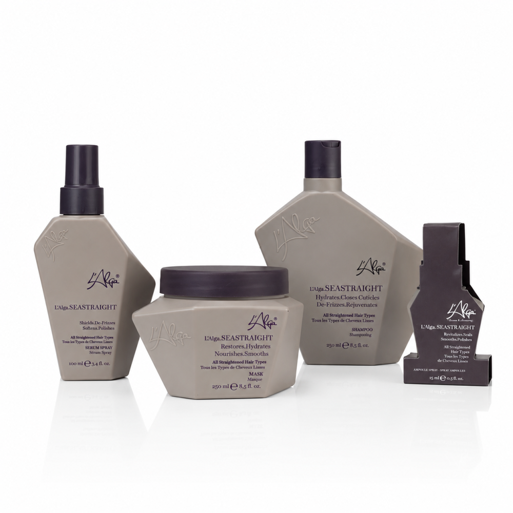 Set Lalga Seastraight – Par disciplinat fara efort, Sampon, Masca, Leave-in, Fiola- 250/250/100/15ml L'Alga SeaStraight Anti-Frizz – Șampon, Mască, Leave-In și Fiolă pentru Păr Rebel