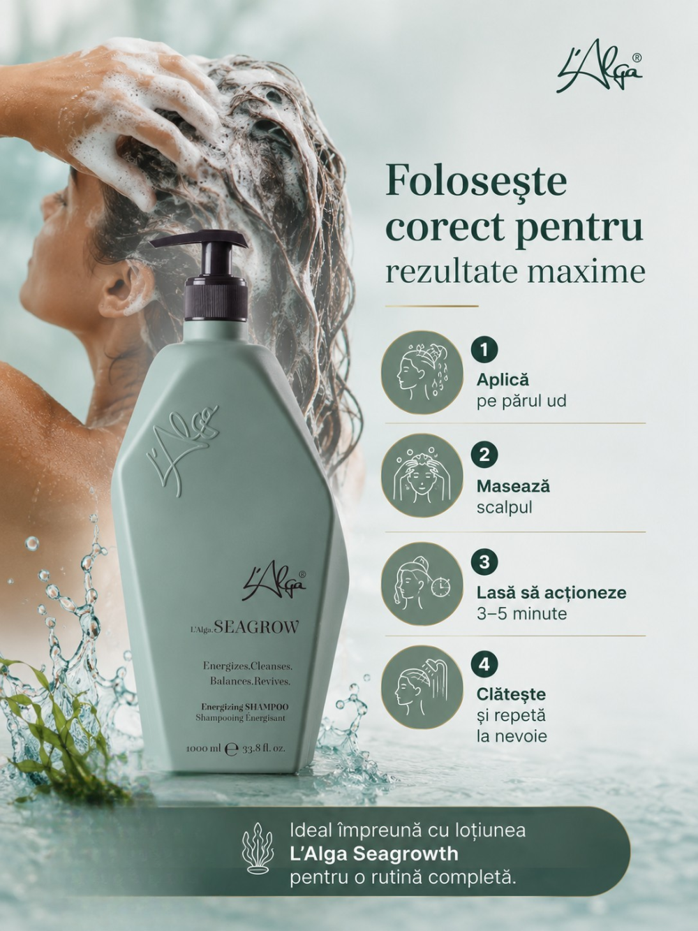 Sampon Anticadere si pentru Stimularea Cresterii Parului - Seagrow - 1000 ml - L`Alga