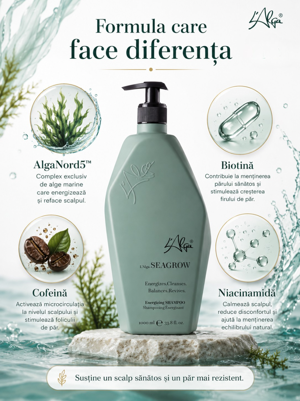 Sampon Anticadere si pentru Stimularea Cresterii Parului - Seagrow - 1000 ml - L`Alga