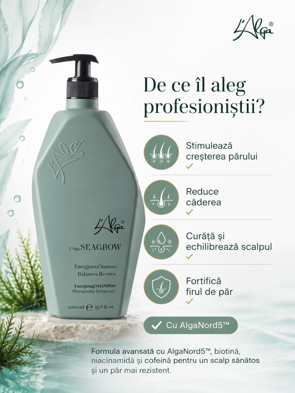 Sampon Anticadere si pentru Stimularea Cresterii Parului - Seagrow - 1000 ml - L`Alga