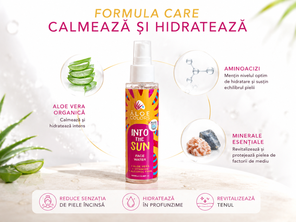 Apă facială pentru hidratarea și calmarea tenului Into The Sun Face Water 100 ml. Cu Aloe Vera organică, aminoacizi și minerale pentru un ten proaspăt și luminos Apă facială pentru hidratarea și calmarea tenului Into The Sun Face Water 100 ml. Cu Aloe Vera organică, aminoacizi și minerale pentru un ten proaspăt și luminos